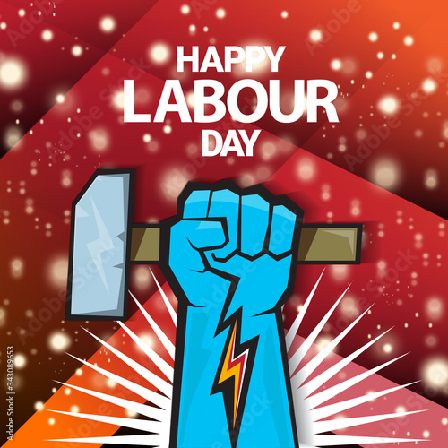1 may Happy labour day vector label with strong protest fist isolated on red background with rays. vector happy labor day background or banner with man hand. workers may day poster