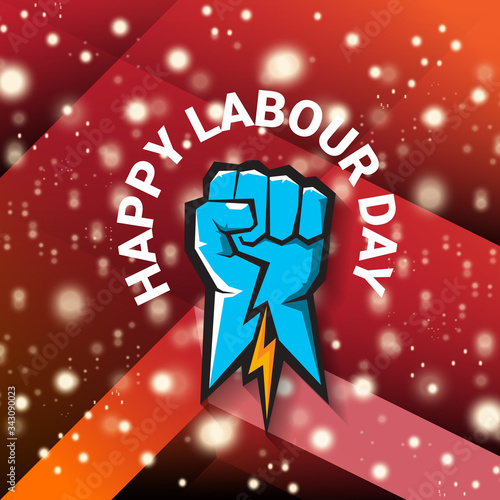 1 may Happy labour day vector label with strong protest fist isolated on red background with rays. vector happy labor day background or banner with man hand. workers may day poster