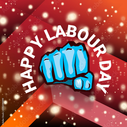 1 may Happy labour day vector label with strong protest fist isolated on red background with rays. vector happy labor day background or banner with man hand. workers may day poster