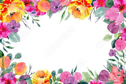 Fototapeta Naklejka Na Ścianę i Meble -  Horizontal invitation template with watercolor floral arrangements. Natural hand drawn design with summer flowers and leaves