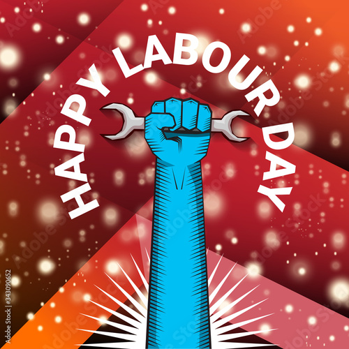 1 may Happy labour day vector label with strong protest fist isolated on red background with rays. vector happy labor day background or banner with man hand. workers may day poster