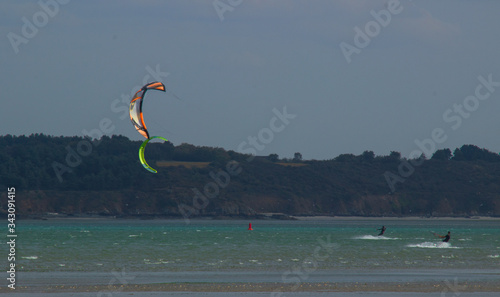 Plerin, Brittany, France - September 21 2019: Kitesurf in the coast of Plerin