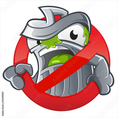 Garbage bin cartoon character holding sign, isolated on white background
