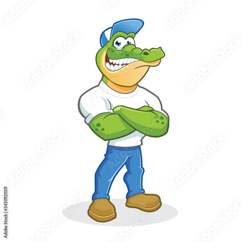 smiling crocodile cartoon character with crossed arms
