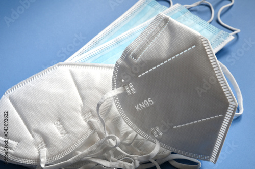 White KN95 or N95 mask with antiviral medical mask for protection against coronavirus on blue background. Surgical protective mask. prevention of the spread of virus and pandemic COVID-19.