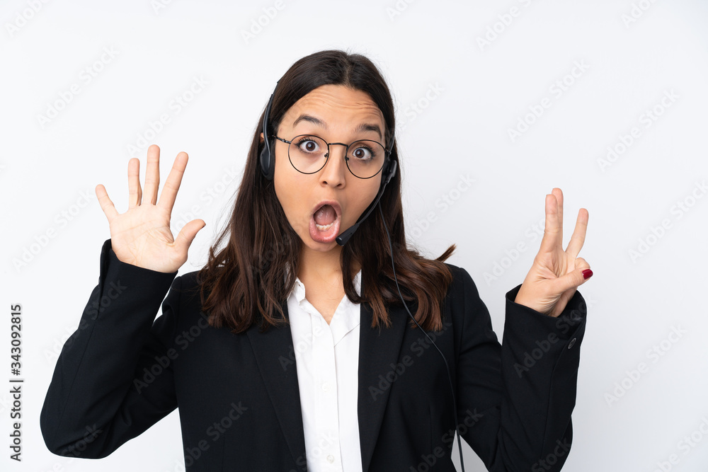 Young telemarketer woman isolated on white background counting eight with fingers Young telemarketer woman isolated on white background counting eight with fingers