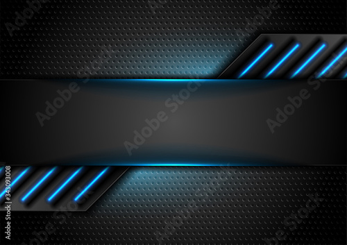 Futuristic perforated technology abstract background with blue neon glowing lines. Vector concept design