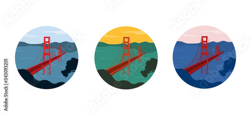 Set of Golden Gate bridge illustrations in different colors shaped in round badge. Red bridge across the ocean. San Francisco, California, United States of America.