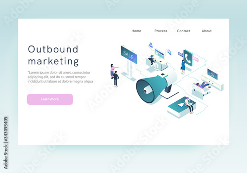 Outbound marketing concept  in isometric design.  Landing page template. Online and offline business promotion and interruption to interact with people for future bargains. Vector illustration