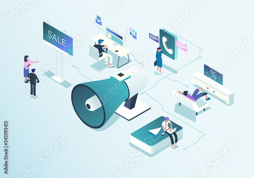 Outbound marketing concept illustration in isometric design.  Online and offline business promotion and interruption to interact with people for future bargains. Vector illustration