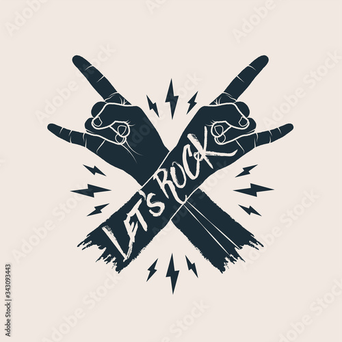 Two crossed rock hands gesture with let's rock caption. Rock music label concept for poster or sticker design. Isolated on white background. Vector illustration.