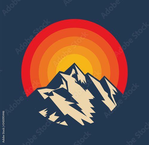 Sunset above mountains peak silhouette. Vintage styled mountain logo or sticker or poster template. Vector illustration