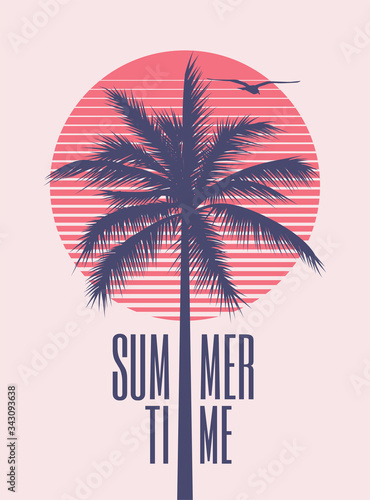 Summer time minimalistic vintage styled poster design template with palm silhouette and red sun on background for summer party or event. Vector illustration