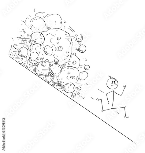 Vector cartoon stick figure drawing conceptual illustration of stressed man or businessman running away from boulder or avalanche rolling down hill.Financial, social or political concept.