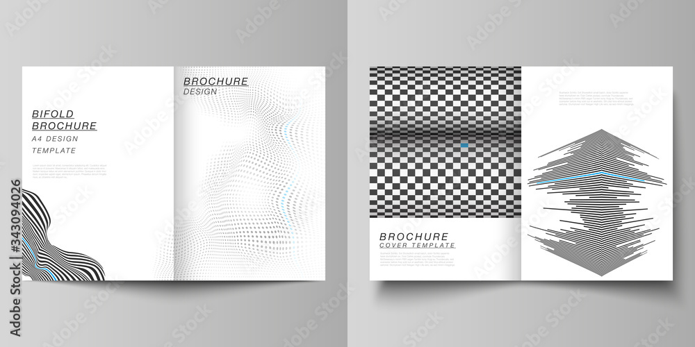 Fototapeta premium The vector layout of two A4 format modern cover mockups design templates for bifold brochure, magazine, flyer, booklet, report. Abstract big data visualization concept backgrounds with lines and cubes