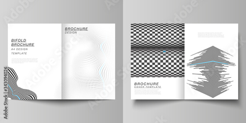 The vector layout of two A4 format modern cover mockups design templates for bifold brochure, magazine, flyer, booklet, report. Abstract big data visualization concept backgrounds with lines and cubes