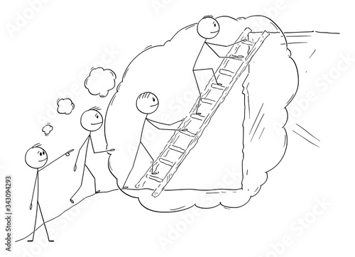 Vector cartoon stick figure drawing conceptual illustration of visionary leader or manager imaging the problem solution and leading business team over the ladder to success.