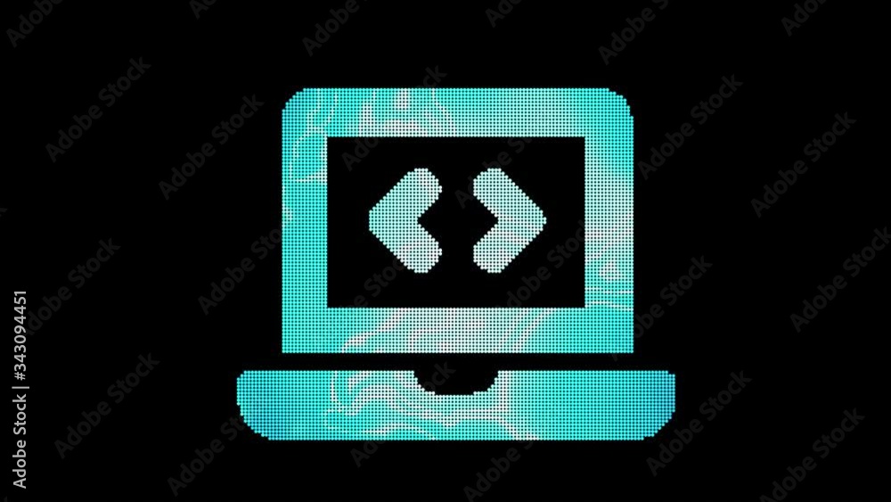 The symbol laptop code is assembled from small balls. Then it shimmers with blue. It crumbles and disappears. In - Out loop. Alpha channel