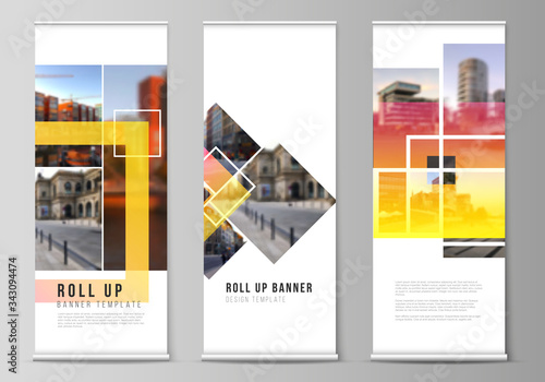 The vector illustration of the editable layout of roll up banner stands, vertical flyers, flags design business templates. Creative trendy style mockups, blue color trendy design backgrounds.