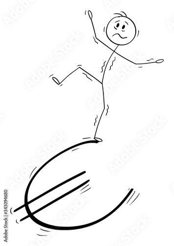 Vector cartoon stick figure drawing conceptual illustration of man or businessman balancing on euror currency symbol. Concept of unstable and volatile market.
