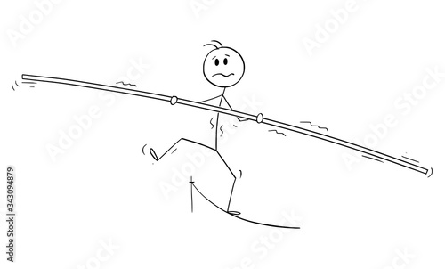 Vector cartoon stick figure drawing conceptual illustration of man, businessman, cirkus tightrope walker or ropewalker walking on rope with bar. Concept of risk and balance business.