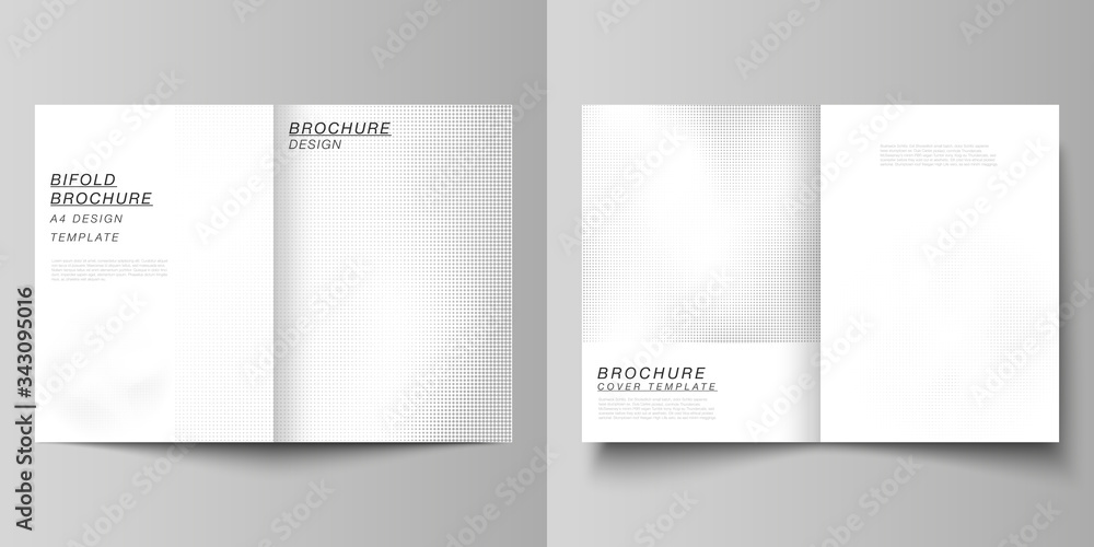 Fototapeta premium Vector layout of two A4 cover mockups design templates for bifold brochure, flyer, cover design, book design. Abstract halftone effect decoration with dots. Dotted pattern for grunge style decoration.