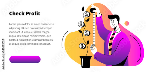 A man measures the height of the money tree with a ruler. Template for a horizontal banner.