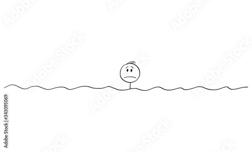 Vector cartoon stick figure drawing conceptual illustration of unhappy lonely man or businessman in troubles or problem swimming alone in water. No help around, concept of loneliness.