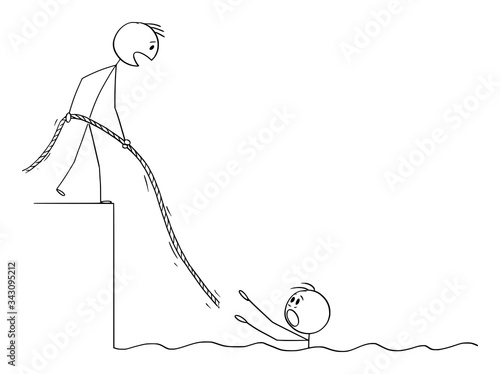 Vector cartoon stick figure drawing conceptual illustration of man drowning in water, another man is helping him by giving him rope. Concept of team work, insurance or social security.
