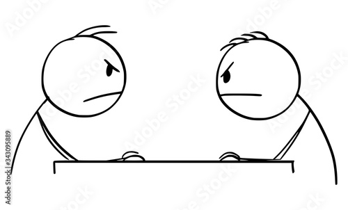 Vector cartoon stick figure drawing conceptual illustration of two angry men or businessmen sitting at table and watching each other. Discussion or talking with opponent.