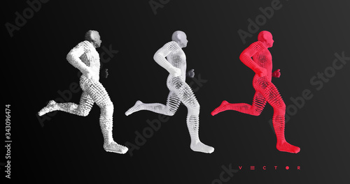 Running man or marathon runner. 3D human body model. Design for sport. Vector illustration composed of particles.