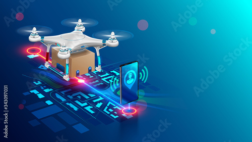 Contactless delivery of order by drone. White 3d UAV flies with box, using gps placemark of geolocation buyer over flight path on city map. Air shipping home of web ordered on phone in internet store