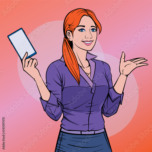 Business woman with smartphone and mobile phone Some people are impressive. Illustration vector On pop art comics style Boards background.
