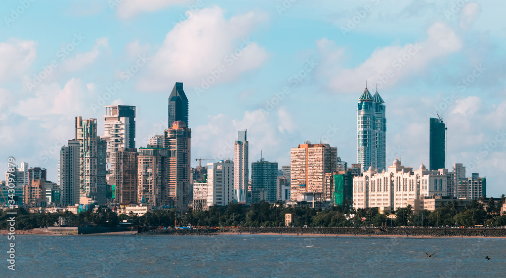 Mumbai skyline seen from Marine Drive, South Mumbai. Mumbai skyline seen from Marine Drive, South Mumbai.