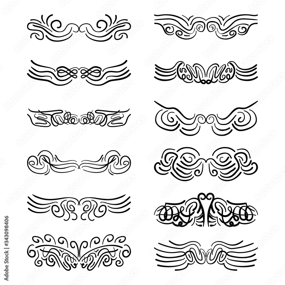 Set of black vector calligraphic separators. Vector border elements. Text dividers.