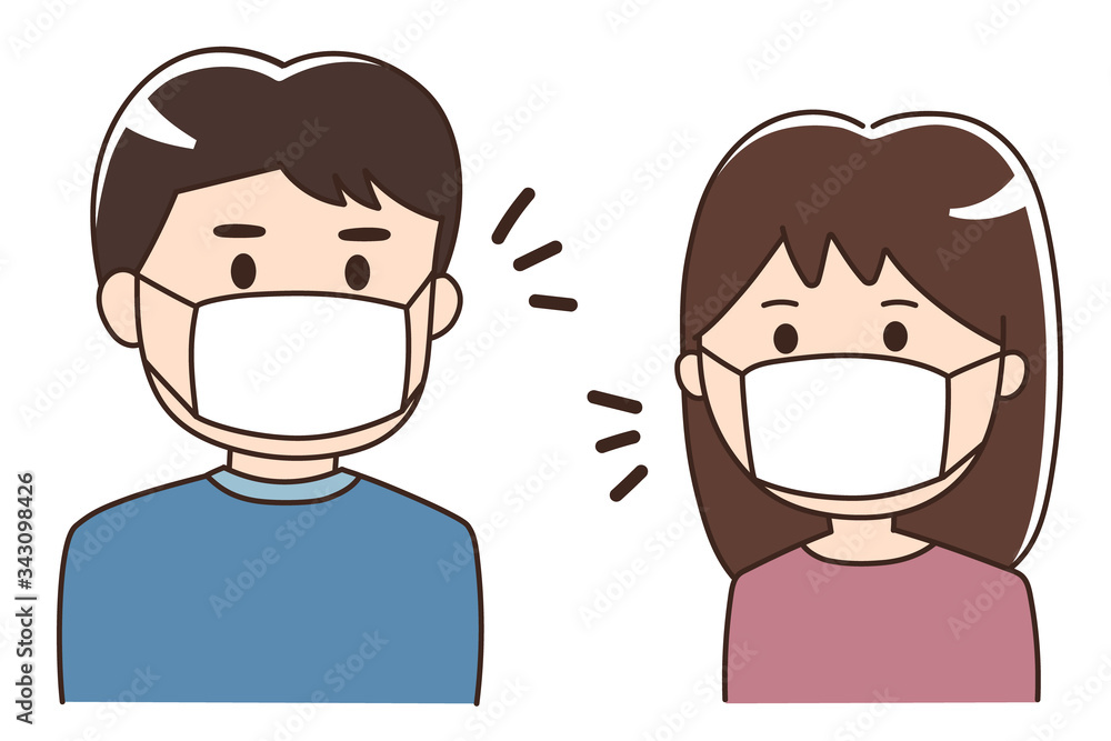 Talking couple wearing a medical face mask. Vector illustration isolated on white background.