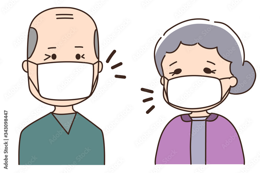 Elderly couple wearing a medical face mask. Vector illustration isolated on white background.