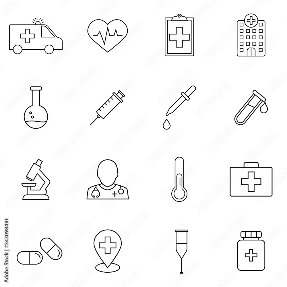 Medicine and medical equipment vector linear icons set. Medicine and health outline symbols pack. Ambulance Medicine and medical equipment vector linear icons set. Medicine and health outline symbols pack. Ambulance