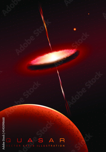 Red quasar nebula with jets in the planets orbital center. Space illustration
