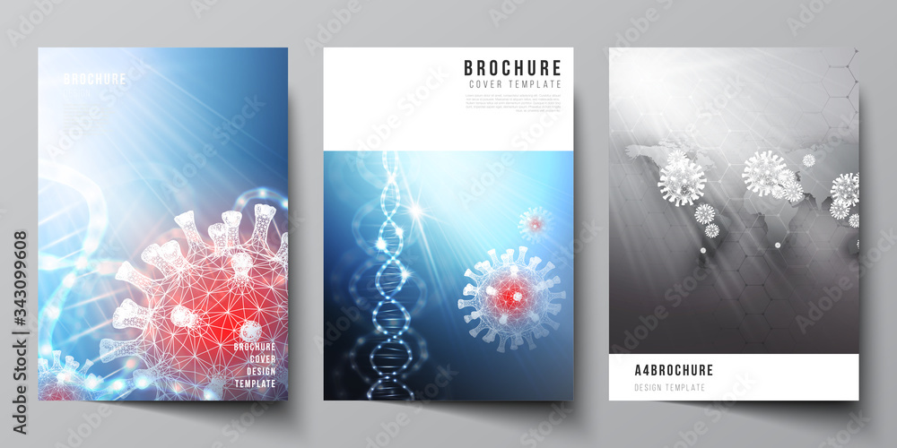 Vector layout of A4 cover mockups templates for brochure, flyer layout, booklet, cover design, book design. 3d medical background of corona virus. Covid 19, coronavirus infection. Virus concept.