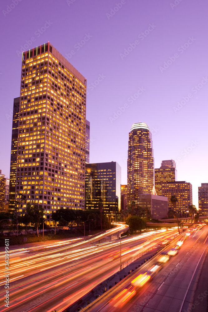 Obraz premium Skyscrapers at downtown financial district and Harbor Freeway, Los Angeles, California, United States