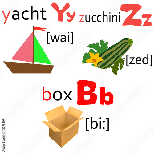 English alphabet letters with drawings and transcription set