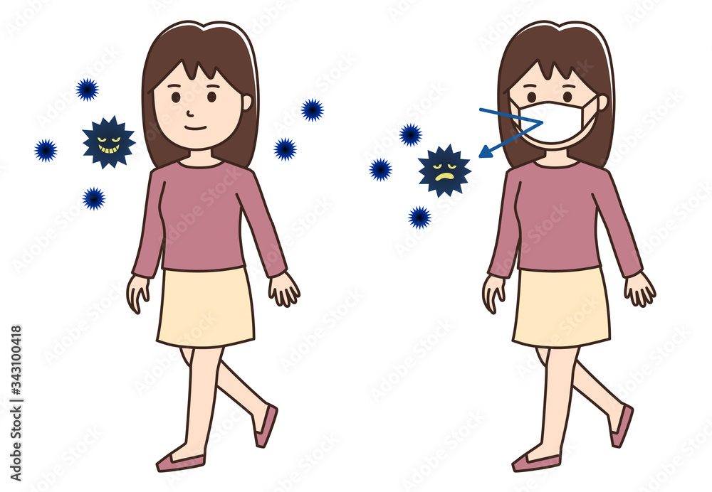 Woman wearing a medical face mask to prevent infection. Vector illustration isolated on white background. Woman wearing a medical face mask to prevent infection. Vector illustration isolated on white background.