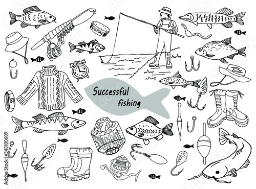 successful fishing, a man on the river bank with a fishing rod, black and white set, doodle, vector