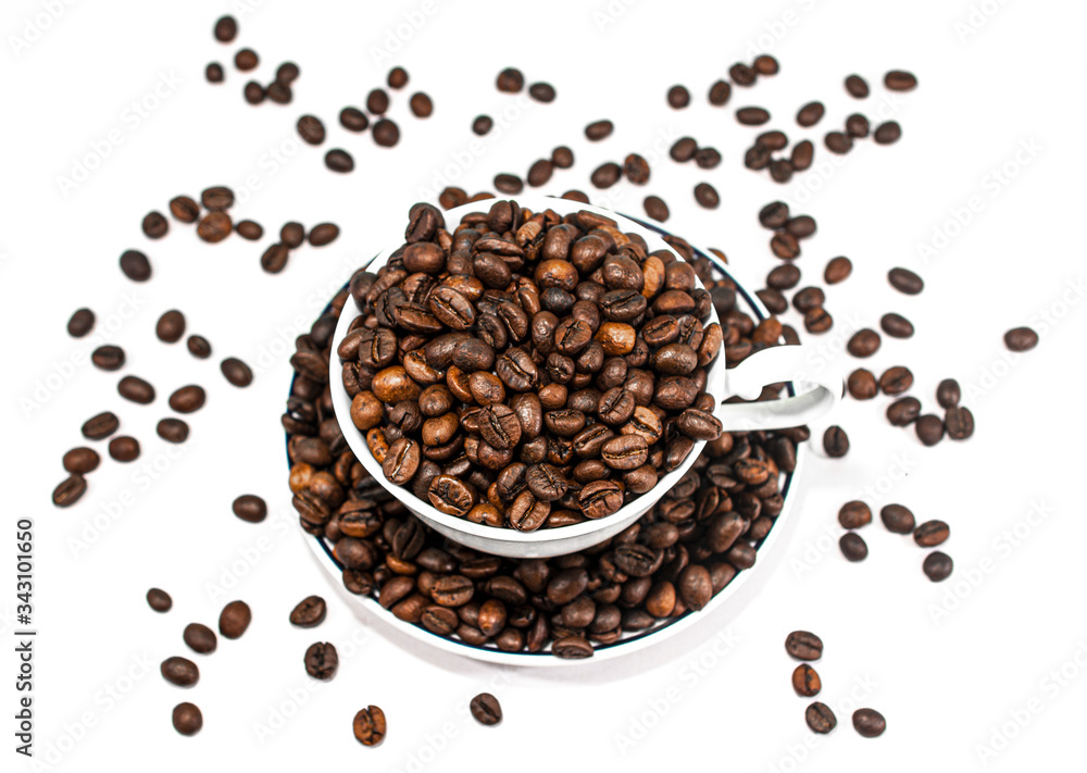 Coffee cup and beans on a white background. coffee cup and coffee beans. Coffee cup and beans on a white background. coffee cup and coffee beans.