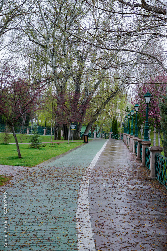 Fototapeta premium 29 March 2020 Eskisehir Turkey. Coronavirus precautions made by Eskisehir Municipality closed parks playgrounds and empty streets