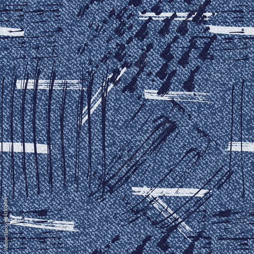 Vector Denim background with Paint Brush Strokes. Hand drawn Abstract Grunge Seamless pattern. Blue jeans cloth
