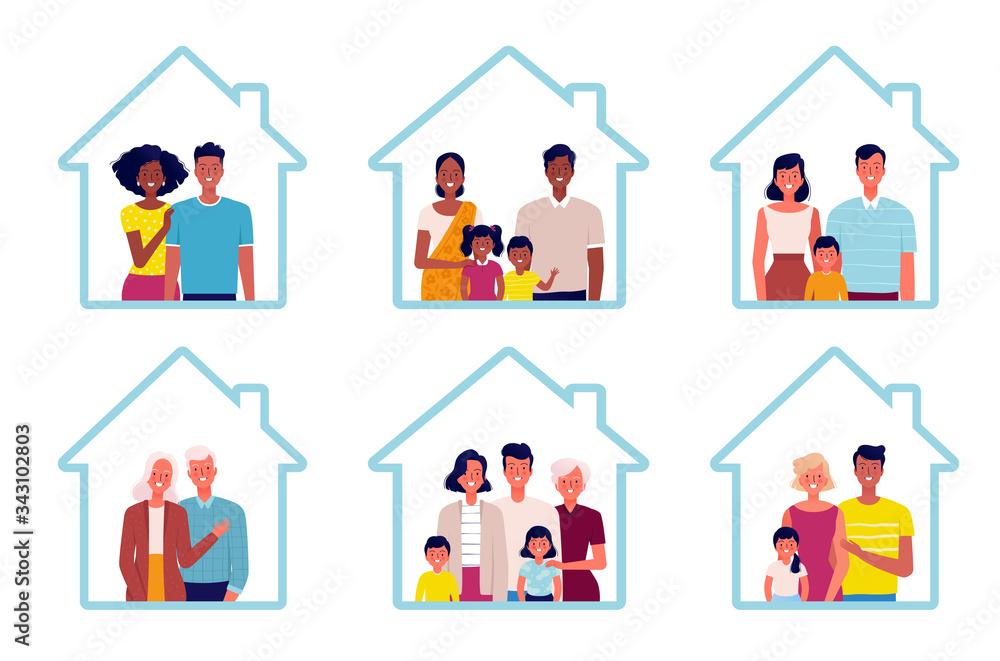 Set of families of different nationalities stay at home. Different families, young and old, with and without children. People at Home Concept Set of families of different nationalities stay at home. Different families, young and old, with and without children. People at Home Concept