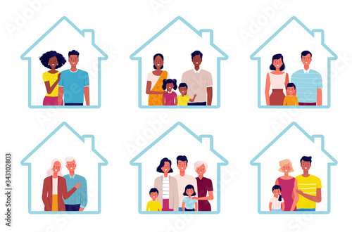 Set of families of different nationalities stay at home. Different families, young and old, with and without children. People at Home Concept