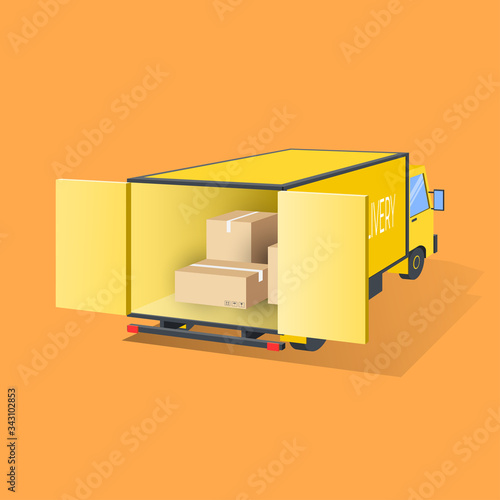 Boxes on wooden pallet. Cardboard parcel box with warehouse. logistic concept. 3dperspective illustration